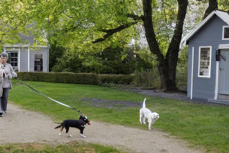 Prompt: the sour, dour, angry lady is walking her three tiny white dogs on leashes outside her green house. the old lady, glaring at the camera, exudes unpleasantness. the old lady shuffles around, looking down. she has gray hair. she is wearing a long gray cardigan and dark pants. large norway maple tree in foreground.