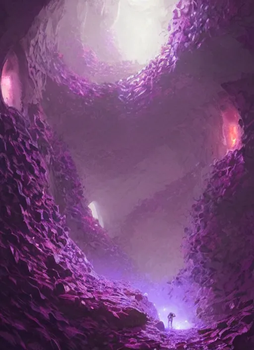 Image similar to zergling tunnel in cave of purple crystals, beautiful painting by greg rutkowski, trending on artstation