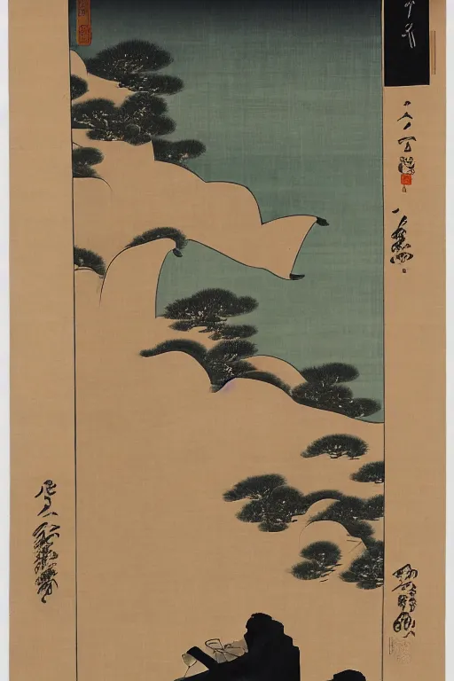 Image similar to a man gazing into the moon seeing far into the future, edo period, traditional japanese art style, reflection