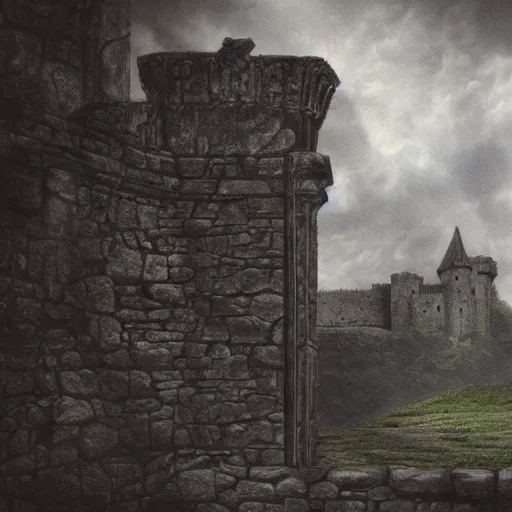 Prompt: an ominous mysterious haunted portrait of a baron hanging on a stone wall of an old castle. moody lighting. matte painting