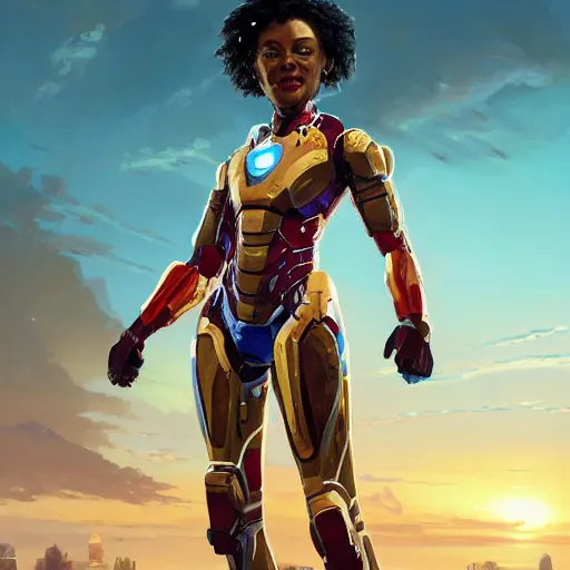 Image similar to highly detailed an african american woman in with the ironman random suit from the future gta v, stephen bliss, unreal engine, fantasy art by greg rutkowski, loish, rhads, ferdinand knab, makoto shinkai and lois van baarle, ilya kuvshinov, rossdraws, tom bagshaw, global illumination, radiant light, detailed and intricate environment