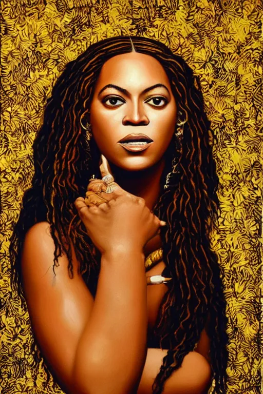 Image similar to Beyonce, portrait by Kehinde Wiley!!, oil paint on canvas, brushstrokes,