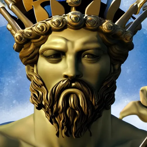 Prompt: detailed close up portrait of Poseidon, the god of the sea, with scepter and crown, rising from the ocean matte painting, photorealistic