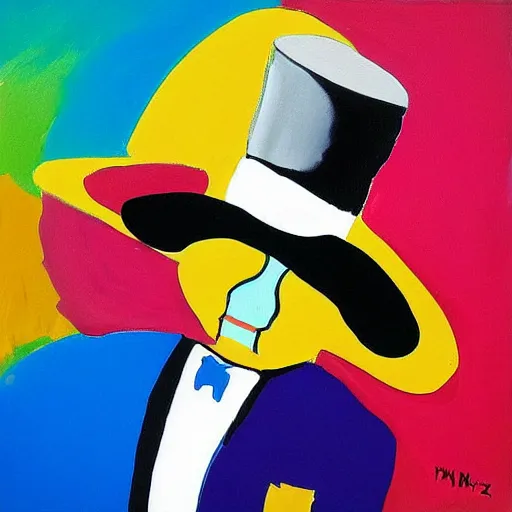 Prompt: the invisible man painting by peter max. coat, top hat, umbrella over head. head and face transparent. abstract artwork made out of broad heavy palette knife strokes with multiple color in it.