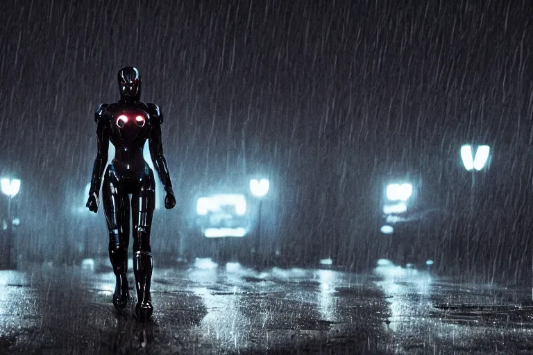 Image similar to vfx marvel sci-fi woman black super hero robot photo real, city street night lighting, rain and fog by Emmanuel Lubezki