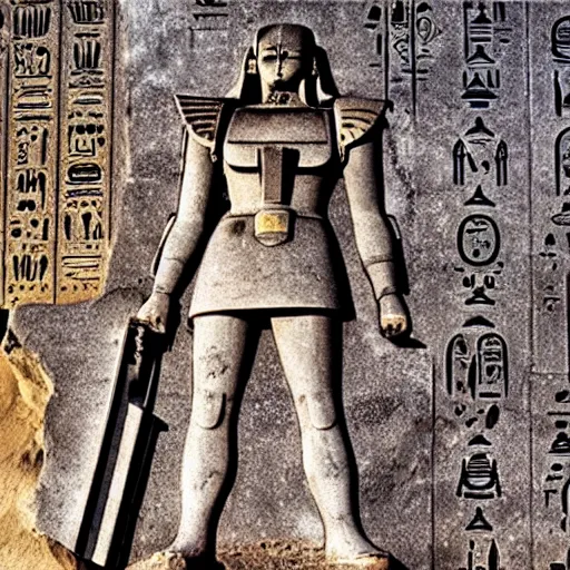 Prompt: photo of a gundam inscribed on the wall of a tomb in egypt, historical, artifact, marble, stone, national geographic, relic