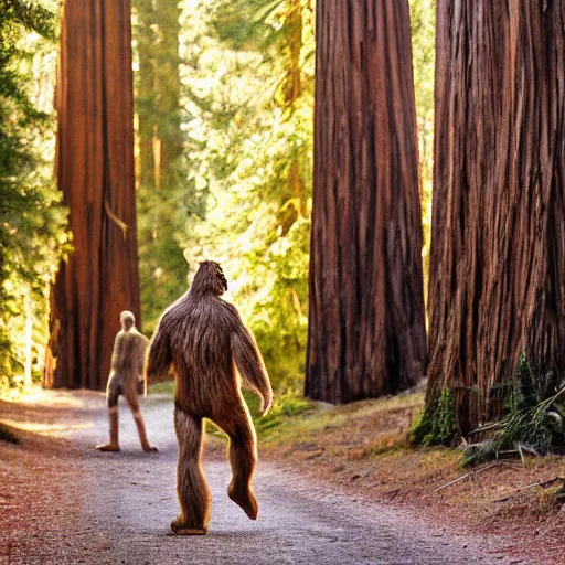 Prompt: bigfoot walking in the california redwoods, golden hour, award winning photography, 2 0 0 mm, f 2. 8, 8 k