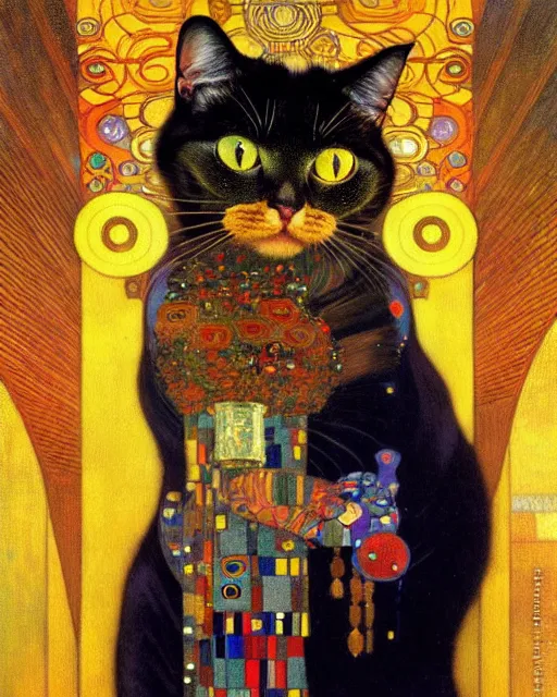 Image similar to magician cat portrait an oil painting splashes with many colors and shapes by gustav klimt greg rutkowski and alphonse mucha, polycount, generative art, psychedelic, fractalism, glitch art