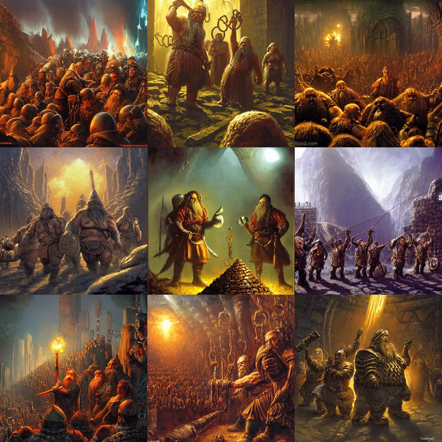 Prompt: Dwarves break the chains of capitalism and prosper in the world of glory, labour and booze, dark fantasy, art by Ted Nasmith and James Gurney, dramatic lighting, cinematic, establishing shot, extremely high detail, photorealistic