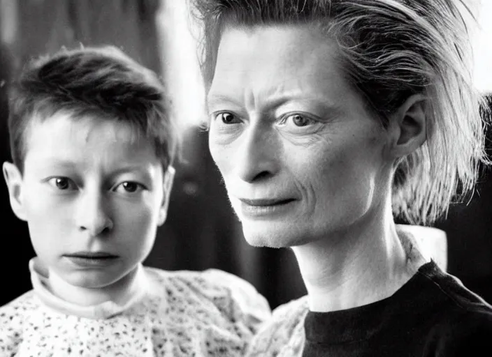 Image similar to professional fine detailed photo portrait of young tilda swinton from makhachkala, dagestan. kid tilda swinton in the postsoviet suburbia, iphone photo, instagram, black and white - - cfg _ scale 7