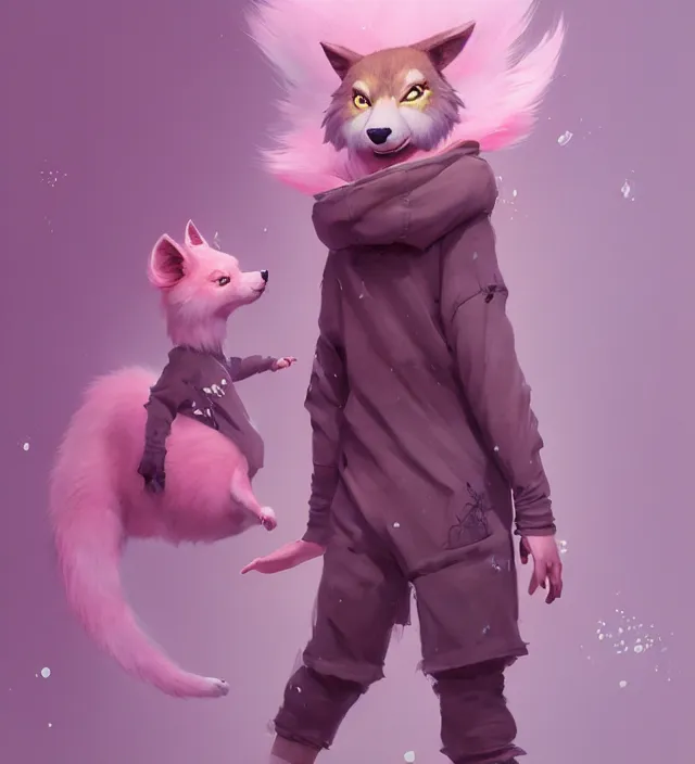 Prompt: a beautiful fullbody portrait of a cute boy with pink hair wearing a wolf kigurumi. character design by cory loftis, fenghua zhong, ryohei hase, ismail inceoglu and ruan jia. artstation, volumetric light, detailed, photorealistic, rendered in octane