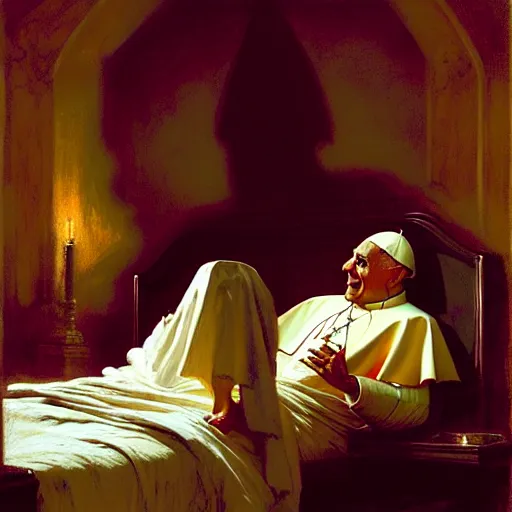 Image similar to the pope wakes up is his bed, sweating, nervous, terrified, because a double horned shadow demon lurks in the wall of the papal bedroom. highly detailed painting by gaston bussiere, j. c. leyendecker, greg rutkowski, craig mullins 8 k