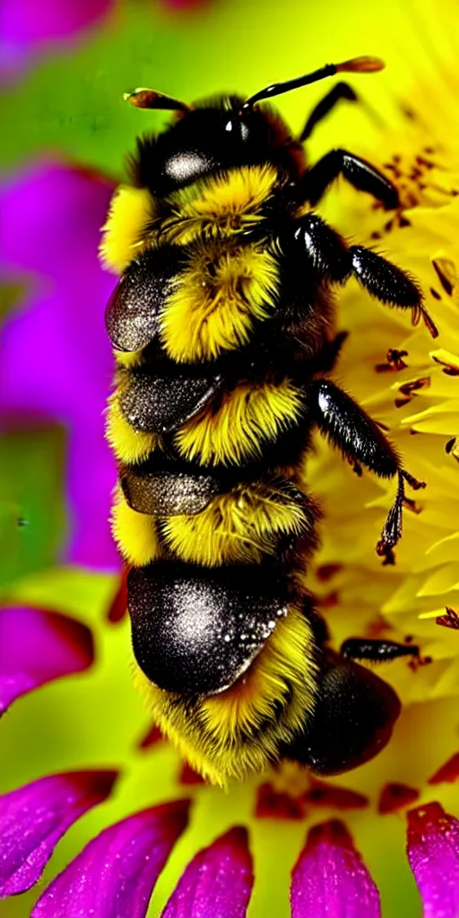 Image similar to fat fat ugly distorted bumblebee in a flower puking pollen, airbrush 8 0 s photography, polished, 8 5 mm, intricate, sharp detailed focus airbrush