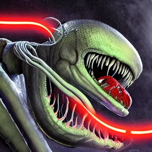 Image similar to realistic, humanoid venom alien, long slimy textured tongue, dripping saliva, mouth with a mouth with a mouth, alien eyes, fangs, thin red glowing veins, grey snake scale skin, cinematic, in a sewer, flashlight lighting, insanely detailed