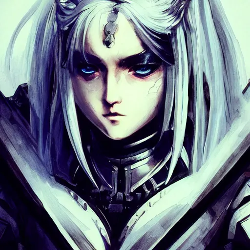 Prompt: Renaissance oil portrait of an anime girl with white hair wearing Elden Ring armour in the style of Yoji Shinkawa, weird camera angle, noisy film grain effect