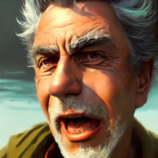 Image similar to rick sanchez closeup portrait, dramatic light, lake background, 2 0 0 mm focal length, painted by stanley lau, painted by greg rutkowski, painted by stanley artgerm, digital art, trending on artstation