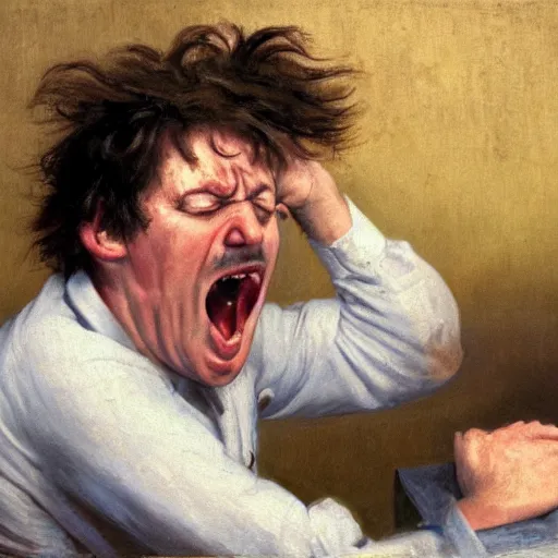 Image similar to an angry man screams at his computer monitor, oil on canvas, 1 8 8 3, highly detailed