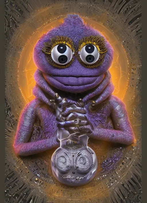 Image similar to occult muppet with glowing haunted eyes, metal skin, intricate, elegant, highly detailed, centered, digital painting, artstation, concept art