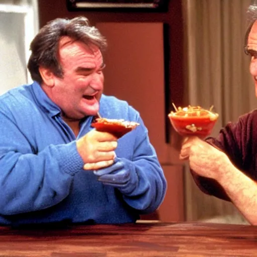 Image similar to robin williams spoon feeds john candy the viscous bbq sauce