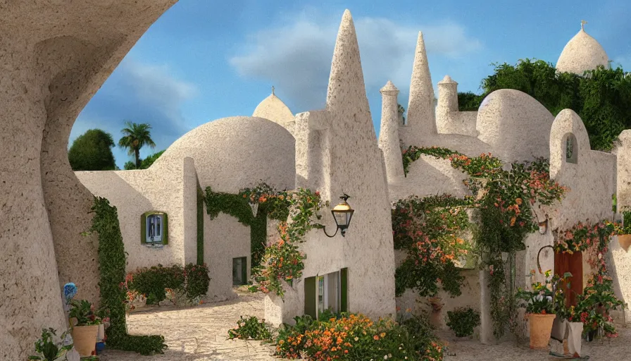 Image similar to trulli, apulia by roger dean, hyper detailed, hyperrealism, deviantart, artstation, 4 k, highly detailed, vray rendering, unreal engine