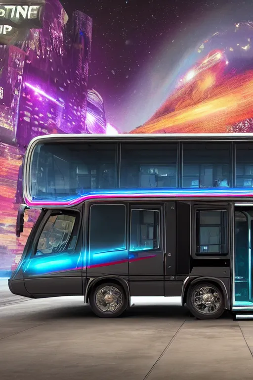 Image similar to photo of a futuristic nightliner tourbus outside in new york at night, printed band name on the nightliner is tripmachine, realistic digital art, textured with a 3 d render of a huge futuristic steampunk generator, 8 k, fluorescent colors, halluzinogenic, multicolored, exaggerated detailed, unreal engine