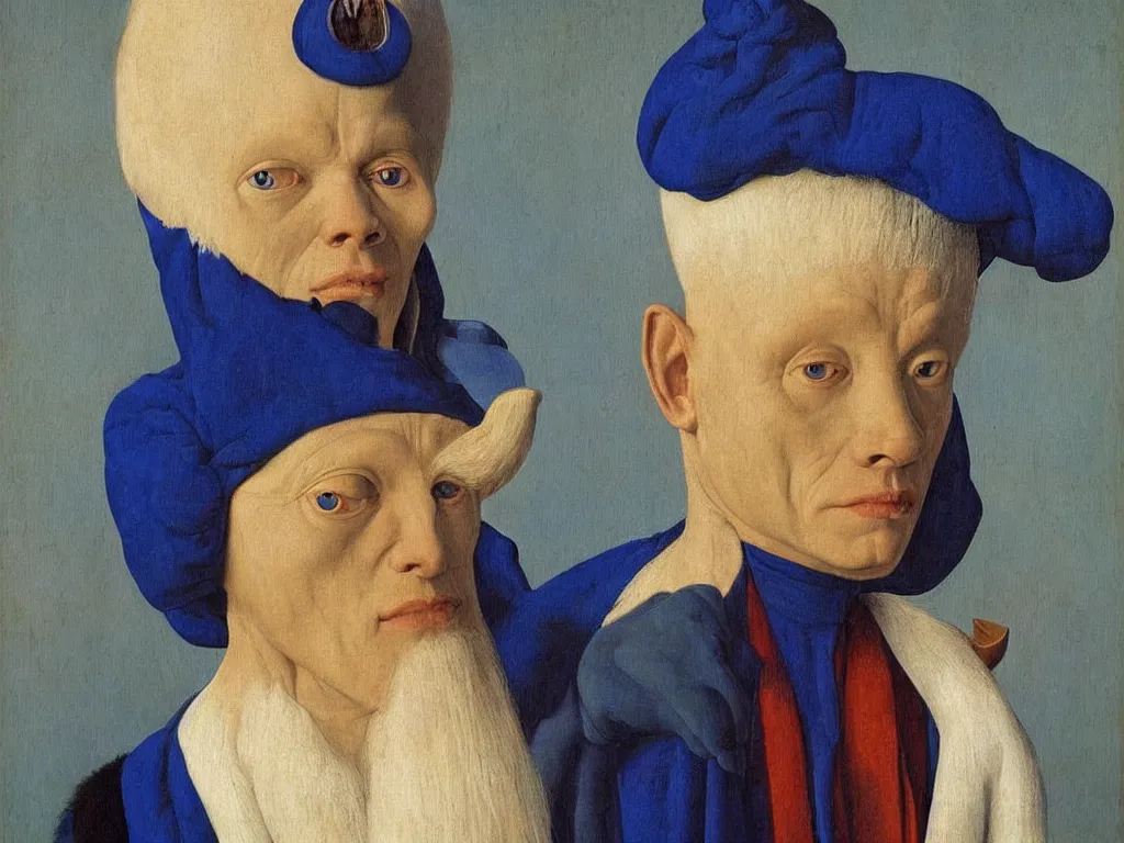 Image similar to Portrait of albino mystic with blue eyes, with beautiful simple Oceanian mask. Painting by Jan van Eyck, Audubon, Rene Magritte, Agnes Pelton, Max Ernst, Walton Ford