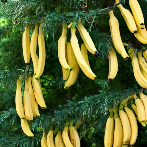 Image similar to 1 5 bananas hanging from a spruce tree, photograph, high quality, 4 k, uhd