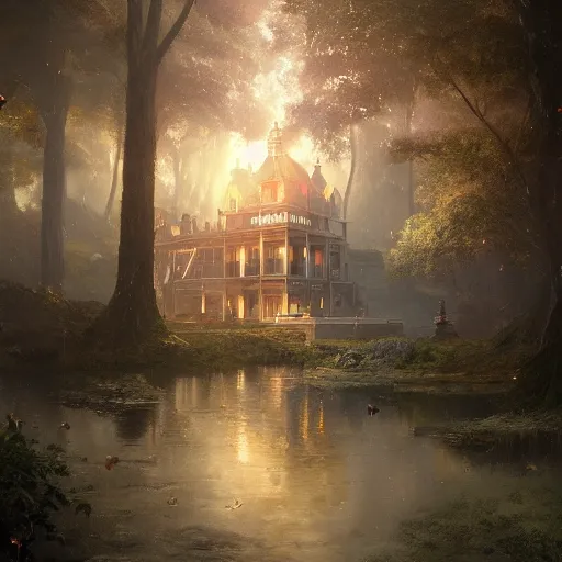 Image similar to clock house, magical world, by greg rutkowski, sung choi, photo realistic, 8 k, cinematic lighting, hd, atmospheric, hyperdetailed, trending on artstation, devainart, digital painting, glow effect