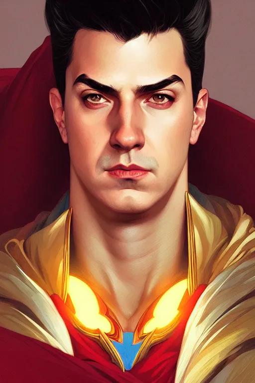 Prompt: a portrait of shazam, fantasy, sharp focus, intricate, elegant, digital painting, artstation, matte, highly detailed, concept art, illustration, ambient lighting, art by ilya kuvshinov, artgerm, alphonse mucha, and greg rutkowski