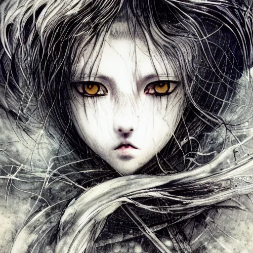 Image similar to yoshitaka amano blurred and dreamy realistic illustration of an anime girl with black eyes, wavy white hair fluttering in the wind and cracks on her face wearing elden ring armor with engraving, abstract black and white patterns in the background, noisy film grain effect, highly detailed, renaissance oil painting, weird portrait angle, three quarter view, head turned to the side