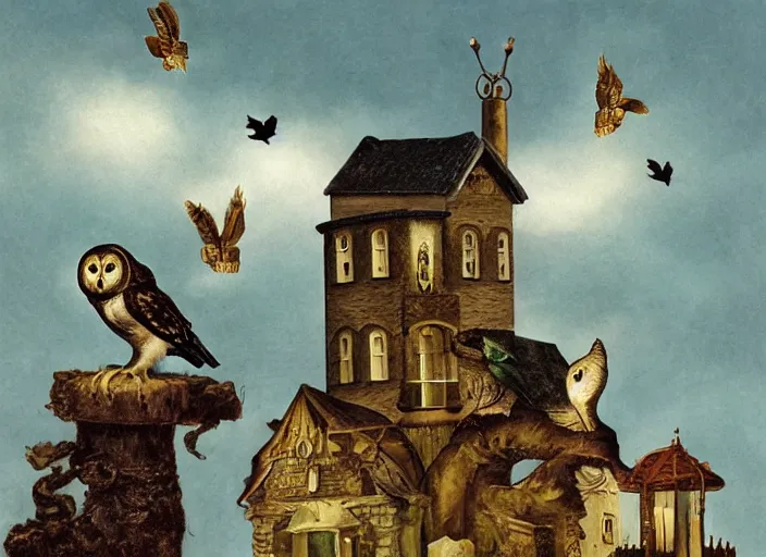 Prompt: a house with a tower, owl, birds, cheese, lowbrow in the style of mark ryden and francisco de goya,