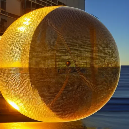 Prompt: a reflective golden eco sphere and torus in the sky over the ocean