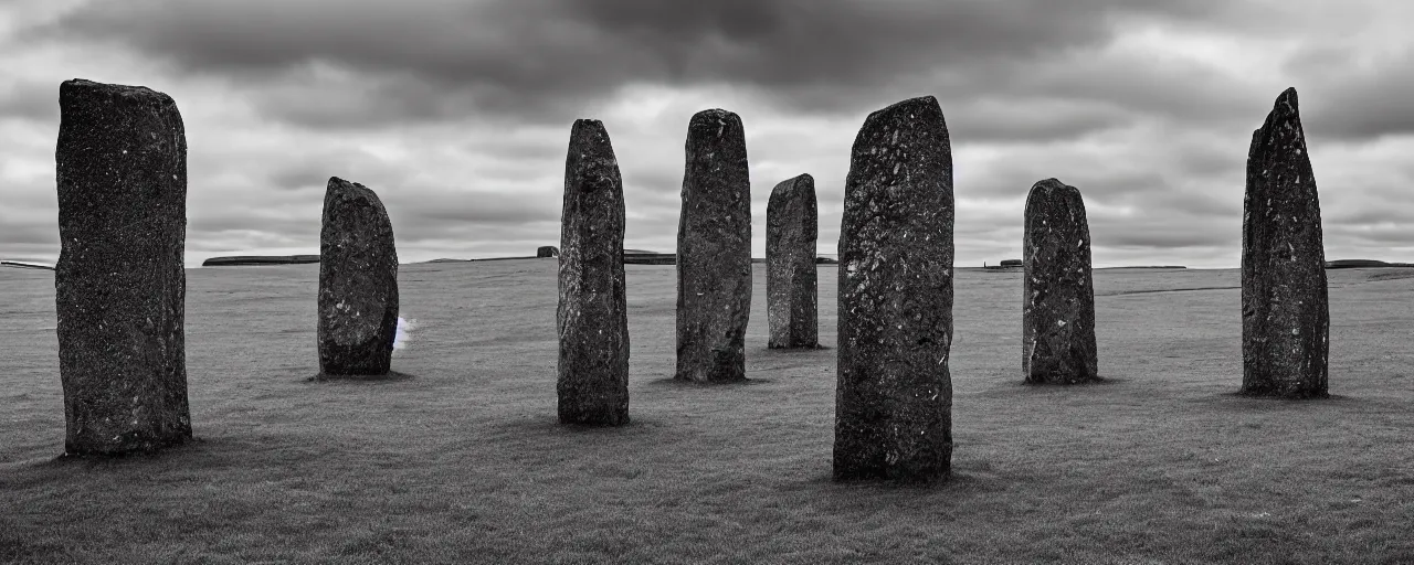 Prompt: figures stand amongst the neolithic standing stones of stenness, somber, grey, dull, melancholic