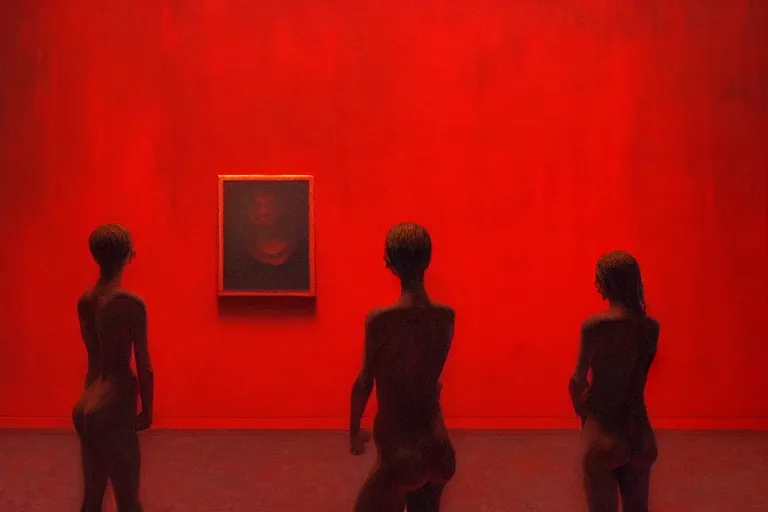 Image similar to only with red, crowd screaming, an exposed painting in a roman theater, in the style of beksinski, parts by edward hopper, parts by rodcenko, parts by yue minjun, intricate and epic composition, red by caravaggio, insanely quality, highly detailed, masterpiece, red light, artstation, 4 k