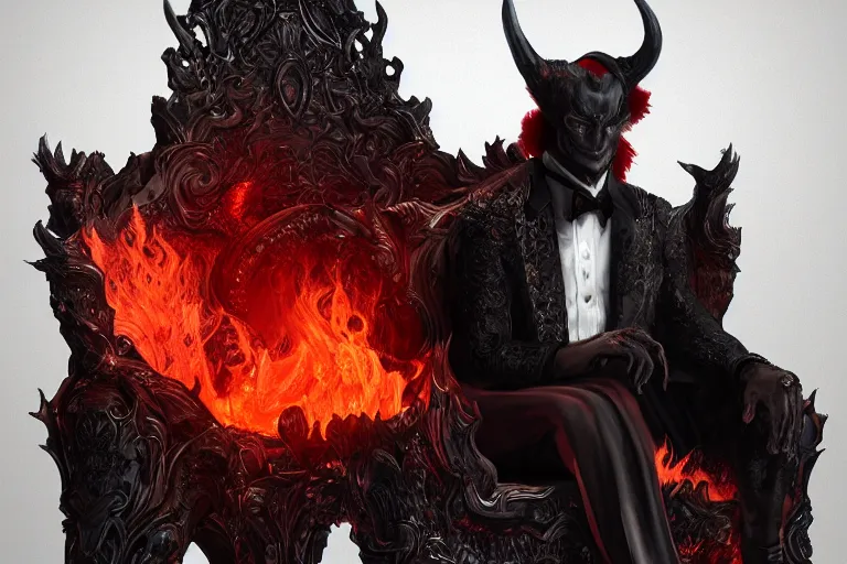 Image similar to A Male Devil sits on a throne and wears a black tuxedo , hell, landscape, fire, environment, Artstation