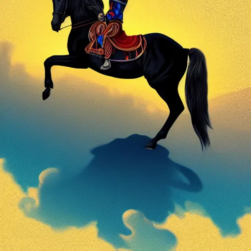 Image similar to man without head on top of horse with wings, colorful of blue color concept art, trending on artstation, highly detailed, intricate, sharp focus, digital art, 8 k