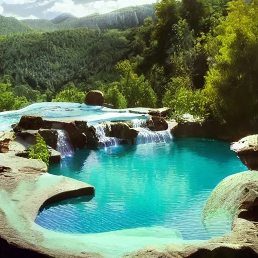 Image similar to dreaming of turquoise infinity pools and waterfalls, detailed, landscape