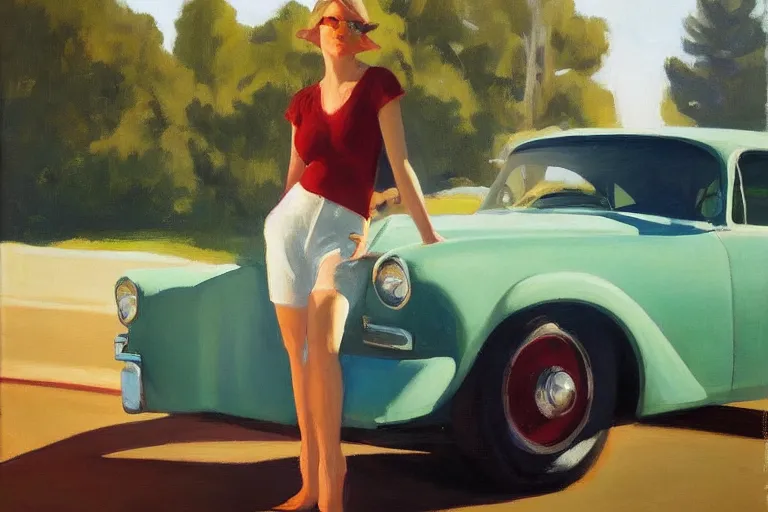 Image similar to Close-up portrait with car, dated a woman that lived on Cooterneck Road, She had a catfish Camero and was cooler than me, by Edward Hopper, Bo Bartlett, and Cynthia Sheppard, Artstation