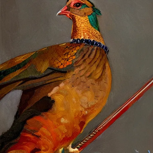 Prompt: a pheasant is girded with a belt, sword on the belt, by lily seika jones , rivuletpaper art, top cinematic lighting, cinematic mood, very detailed, shot in canon, by Viktor Vasnetsov, oil painting, harsh fairy tale, soft style, hyperrealism, beautiful, high resolution, trending on artstation, steps 50