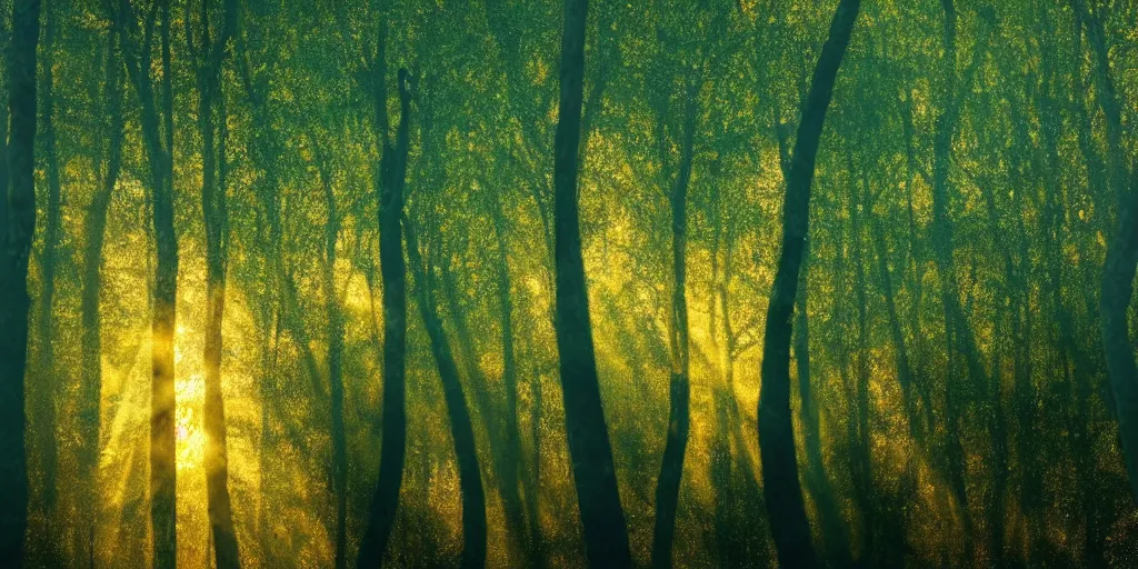 Prompt: An aesthetically pleasing fine art, dynamic, energetic, lively, well-designed digital art of trees inside a forest during sunset, light and shadow, caustics, by Claude Monet, superior quality, masterpiece, excellent use of negative space. 8K, superior detail.