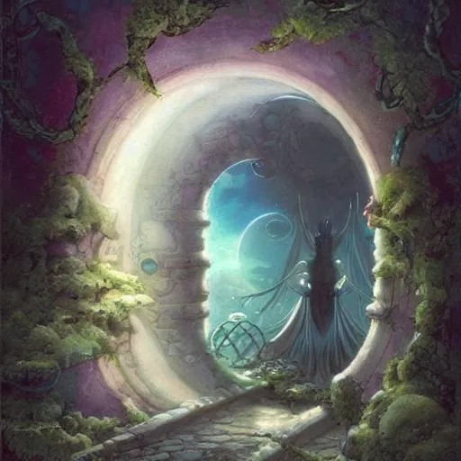 Image similar to gate portal with another world visible inside style studio ghibli and Gerald Brom, pixies flyng, dreamy, mystical, dark, fantasy