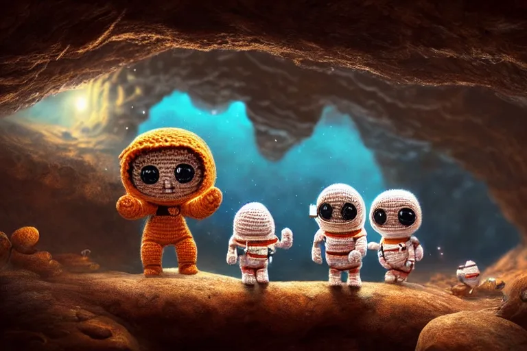 Prompt: an expedition of crochet cute astronauts discovering a new cave underground. cute, illustration, digital art, inspired by little big planet, by greg rutkowski, detailed, sharp, masterpiece, highly detailed, photorealistic, octane render, 8 k, unreal engine 5, trending on artstation, vivid colors