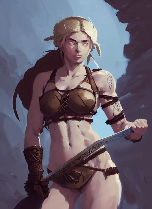Prompt: portrait of cute muscular warrior girl cowered in celtic tattoos, dressed in armor bikini, holding a sword, dark fantasy, by atey ghailan, by greg rutkowski, by greg tocchini, by james gilleard, by joe gb fenton, by kaethe butcher, dynamic lighting, gradient light blue, brown, blonde cream and white color in scheme, grunge aesthetic