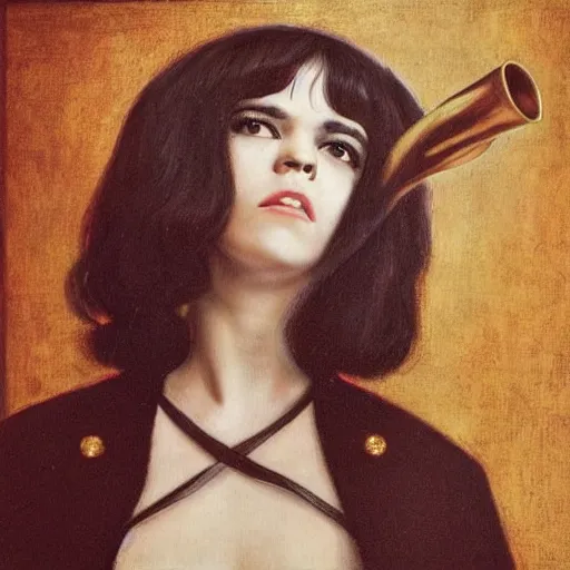 Image similar to a renaissance style painting of the musician bat for lashes fur and gold era