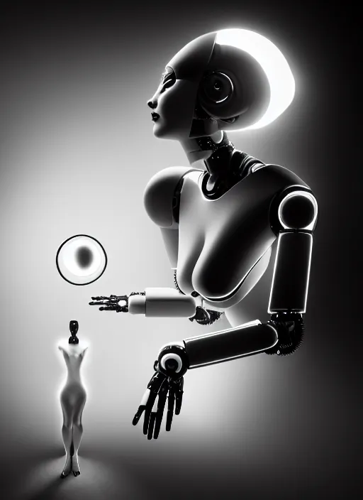 Image similar to surreal mythical dreamy dark artistic black and white fine art fashion portrait photo of a young beautiful delicate female metropolis robot giving birth, spiritual, halo, glory, rim light, cinematic, studio dramatic light, poetic, masterpiece, octane render, 8 k, photo - realistic by dora maar man ray