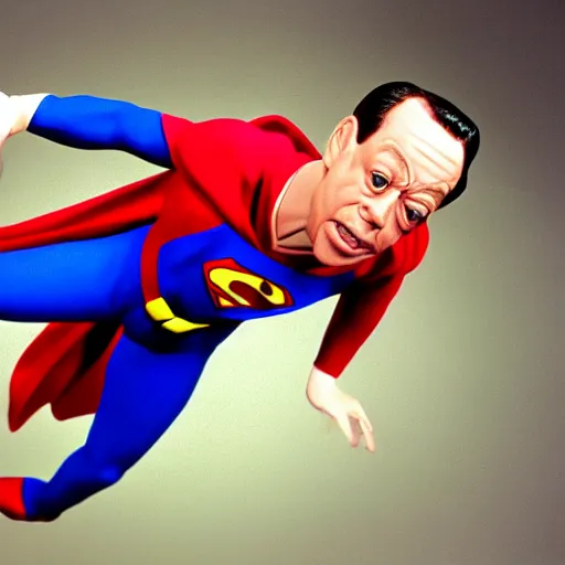 Prompt: don knotts as superman, detailed face, terrified look on his face, professional photography, cinematic, 8k,