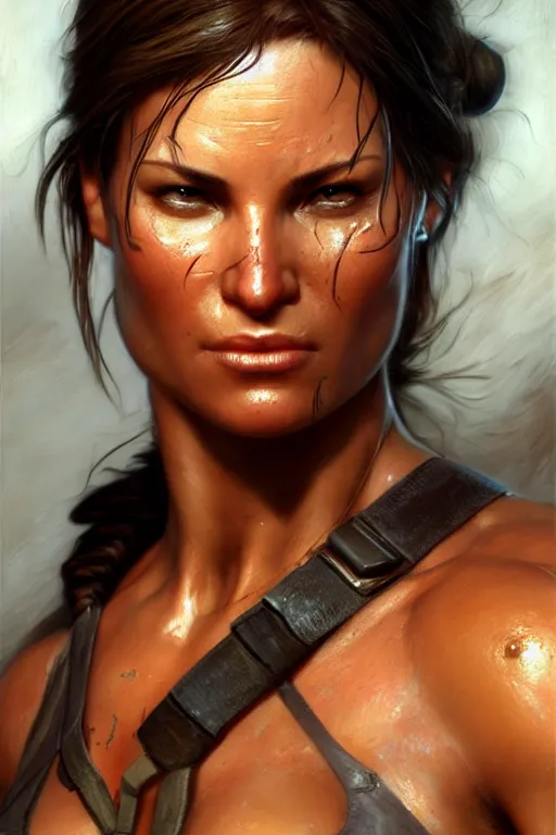 Image similar to muscular sweat lara croft, face close up, ambient occlusion, highly detailed painting by gaston bussiere, craig mullins, j. c. leyendecker 8 k