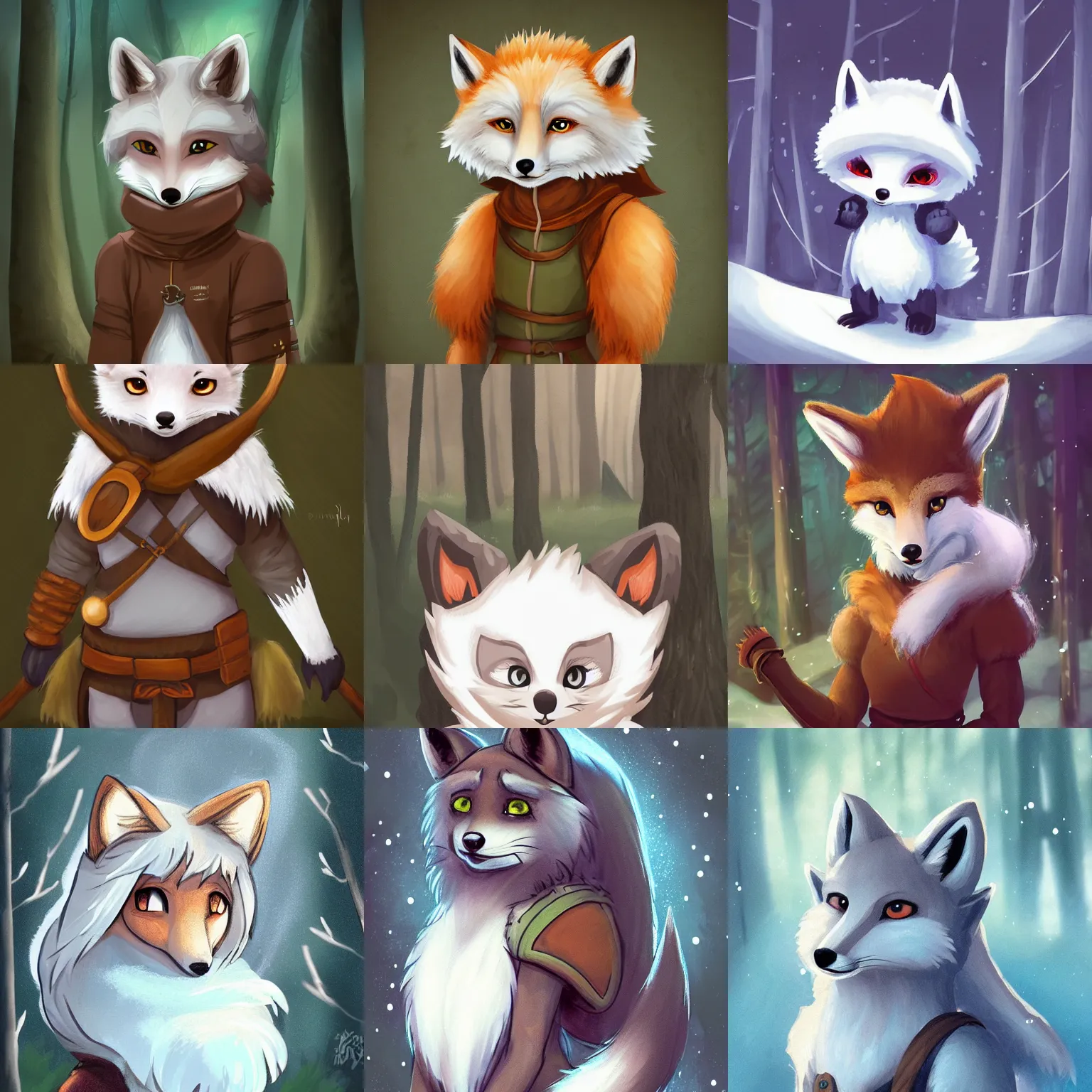 Prompt: adorable portrait of medieval anthropomorphic artic fox ranger with a fluffy tail in the forest, comic art, trending on furaffinity, cartoon, kawaii, backlighting, furry, radiant light, bokeh, fairytale illustration, trending on artstation, digital art