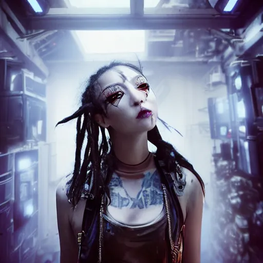 Prompt: epic photograph. Tokyo 2094. cyberpunk vampire girl, Army exoskeleton fashion, Robotic mech parts, Eye shine. dreadlocks, model standing, rim light, fill light. Studio, solid color background. Octane render, hyper-realistic, 8K, art photography, denoised photorealistic render, insanely detailed intricateby charlie bowater, mandy jurgens, gustav klimt, octane render, 4k, high detail, by tom bagshaw, powerful