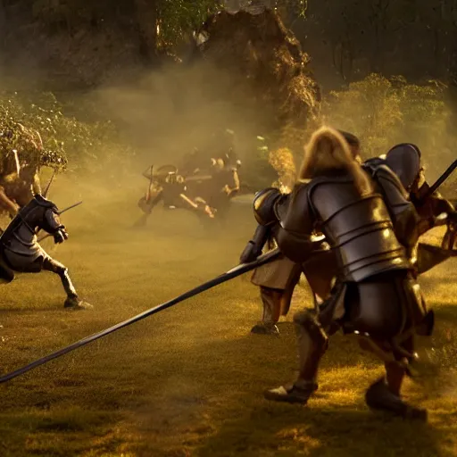 Prompt: action scene of trolls fighting against knights, still from a movie by stanley kubrik, cinematic, hyperreal, intense, highly textured, wide angle, insanely detailed, god rays, 3 5 mm, shallow depth of field